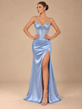 Women's Light Blue Satin Corset Evening Dress with Beaded Sweetheart Neckline and Thigh-High Slit