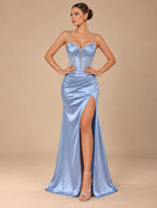 Women's Light Blue Satin Corset Evening Dress with Beaded Sweetheart Neckline and Thigh-High Slit