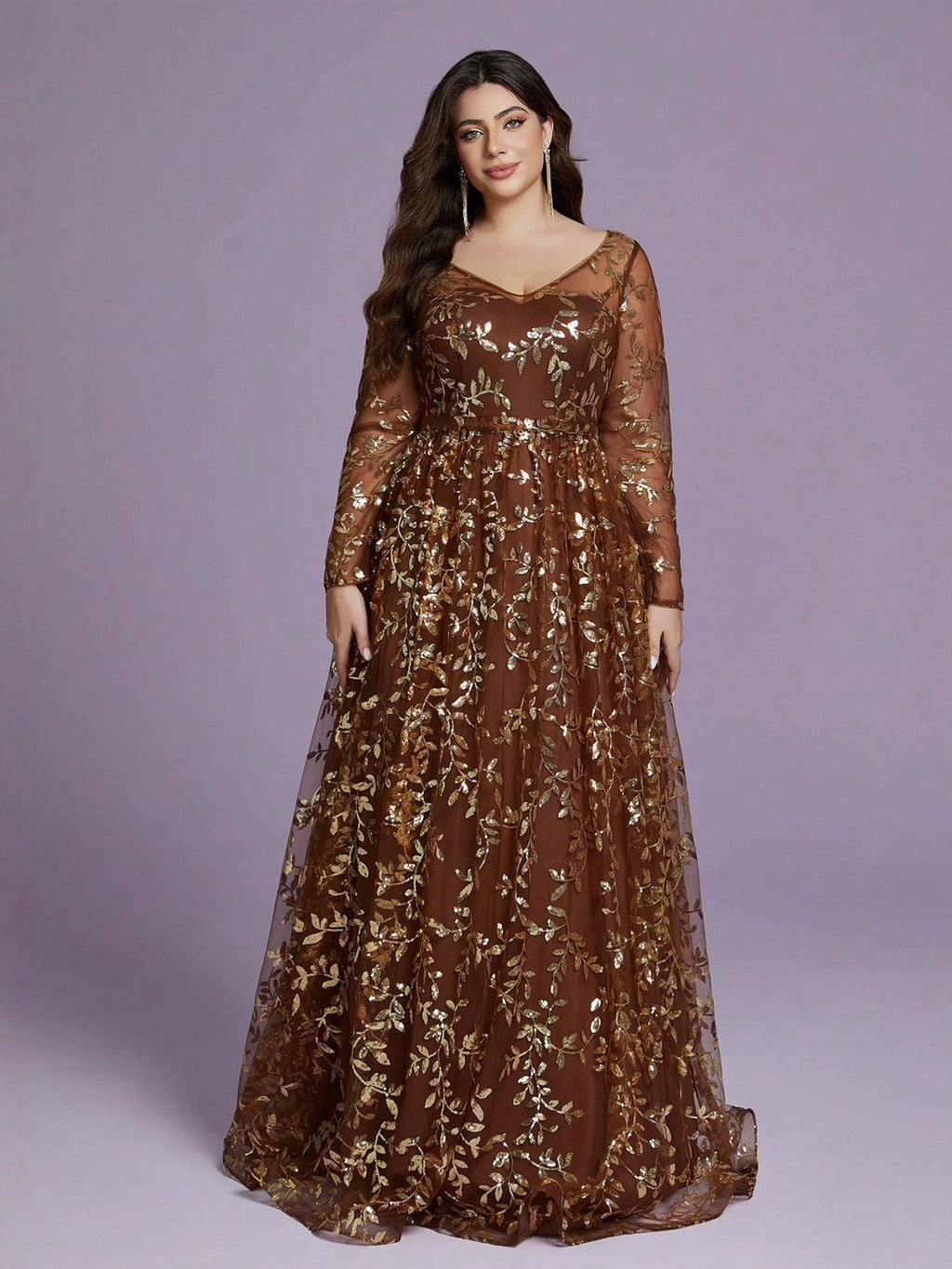 Women’s Brown Elegant Sequin Mesh Round Neck Long Sleeve A-Line Maxi Dress