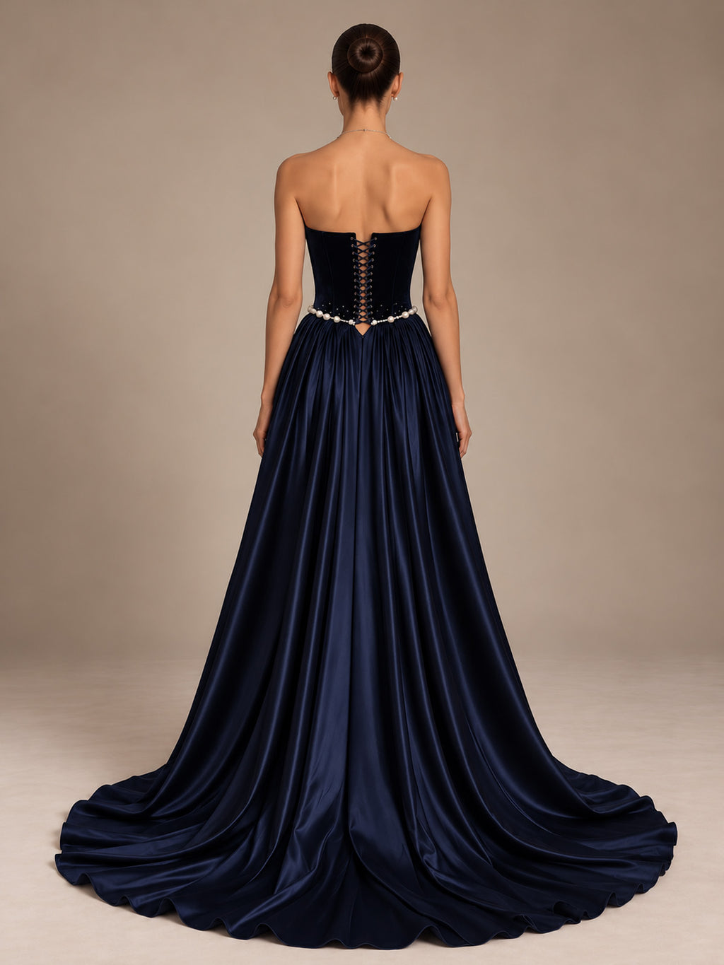 Women’s Navy Blue Elegant Velvet Strapless Sleeveless A-Line Maxi Dress with Pearl Embellishment and Lace-Up Back Detail