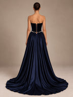 Women’s Navy Blue Elegant Velvet Strapless Sleeveless A-Line Maxi Dress with Pearl Embellishment and Lace-Up Back Detail