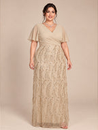 Women's Plus Size Burgundy Sequin V-Neck Flutter Sleeve A-Line Maxi Evening Dress
