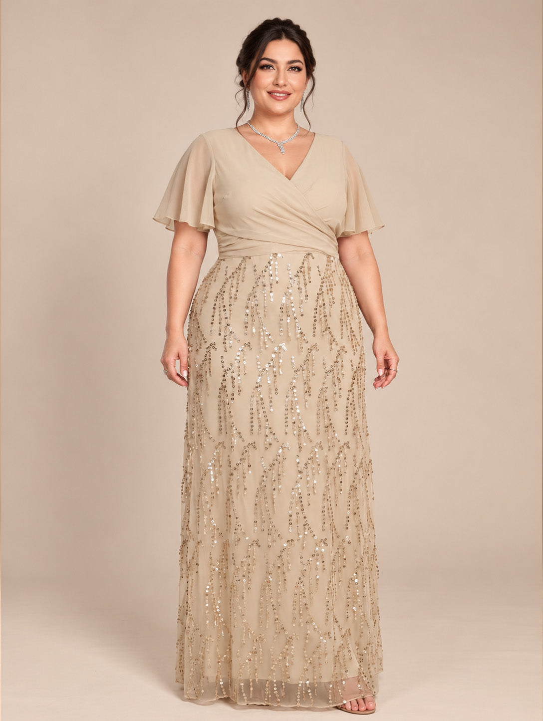 Women's Plus Size Burgundy Sequin V-Neck Flutter Sleeve A-Line Maxi Evening Dress