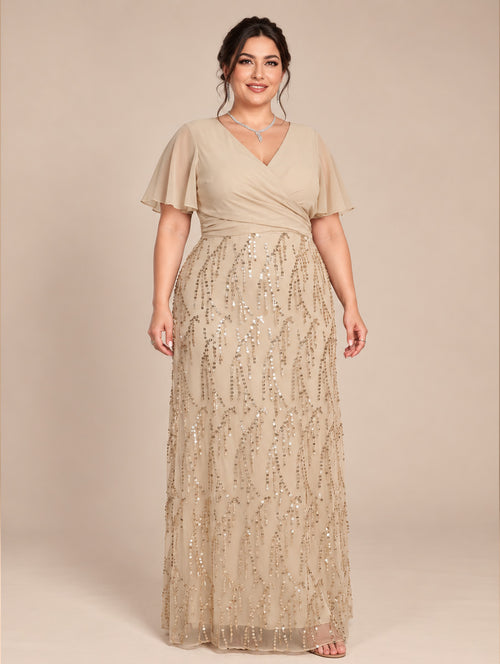 Women's Plus Size Burgundy Sequin V-Neck Flutter Sleeve A-Line Maxi Evening Dress