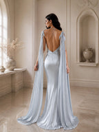 Women’s Light Blue Luxurious Satin Off Shoulder Cape Sleeve Mermaid Maxi Dress