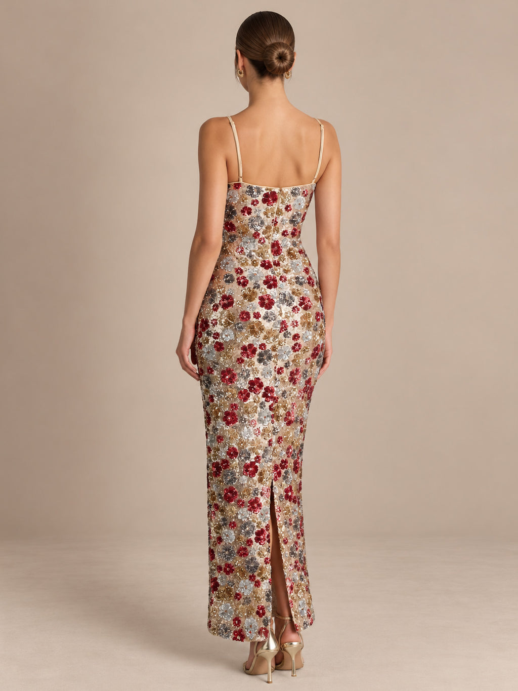 Women’s Champagne Gold Elegant Floral Sequin Square Neck Spaghetti Strap Sleeveless Sheath Maxi Dress with Back Slit