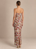 Women’s Champagne Gold Elegant Floral Sequin Square Neck Spaghetti Strap Sleeveless Sheath Maxi Dress with Back Slit