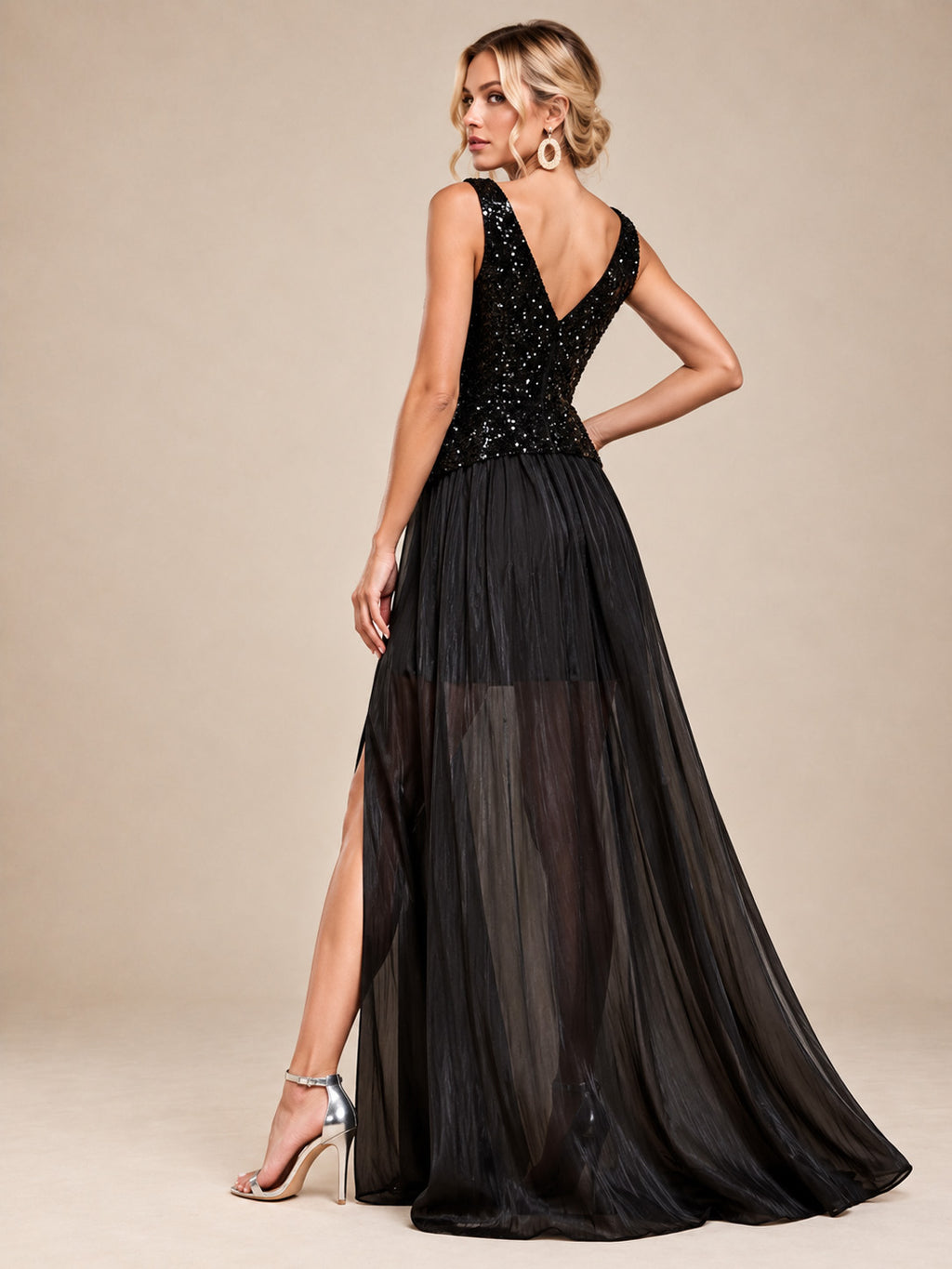 Women’s Black Glamorous Sequin V-Neck Sleeveless A-Line Maxi Dress with Sheer Pleated Skirt and High Slit