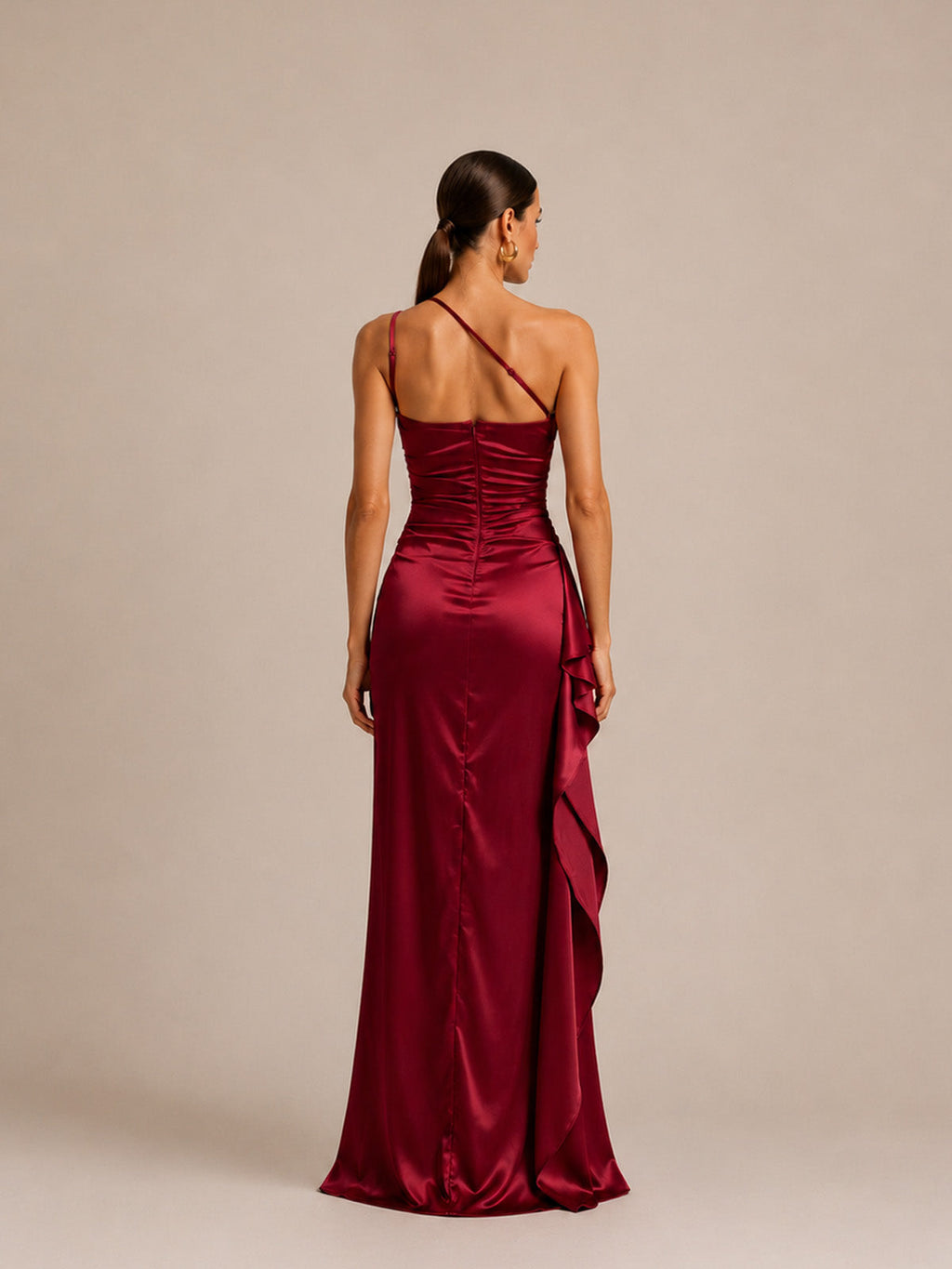 Women’s Burgundy Elegant Satin One Shoulder Sleeveless High Slit Maxi Dress