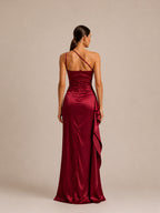 Women’s Burgundy Elegant Satin One Shoulder Sleeveless High Slit Maxi Dress