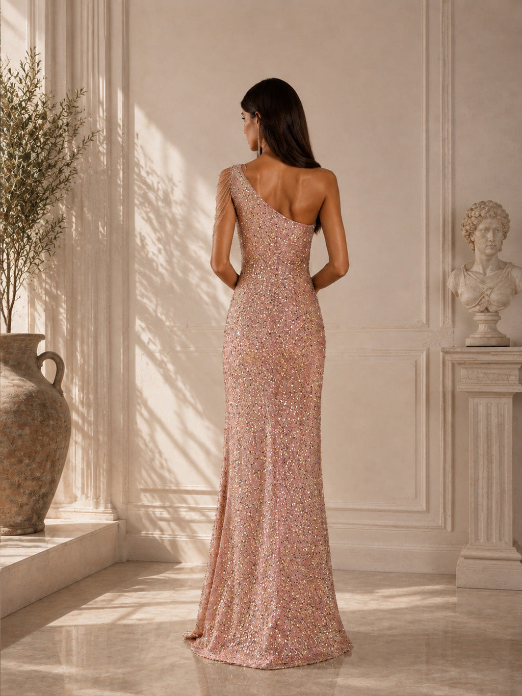 Women’s Glamorous Sequin Asymmetrical Neck Sleeveless Slim Maxi Dress with Beaded Shoulder Chain Detail, Cutout and High Slit