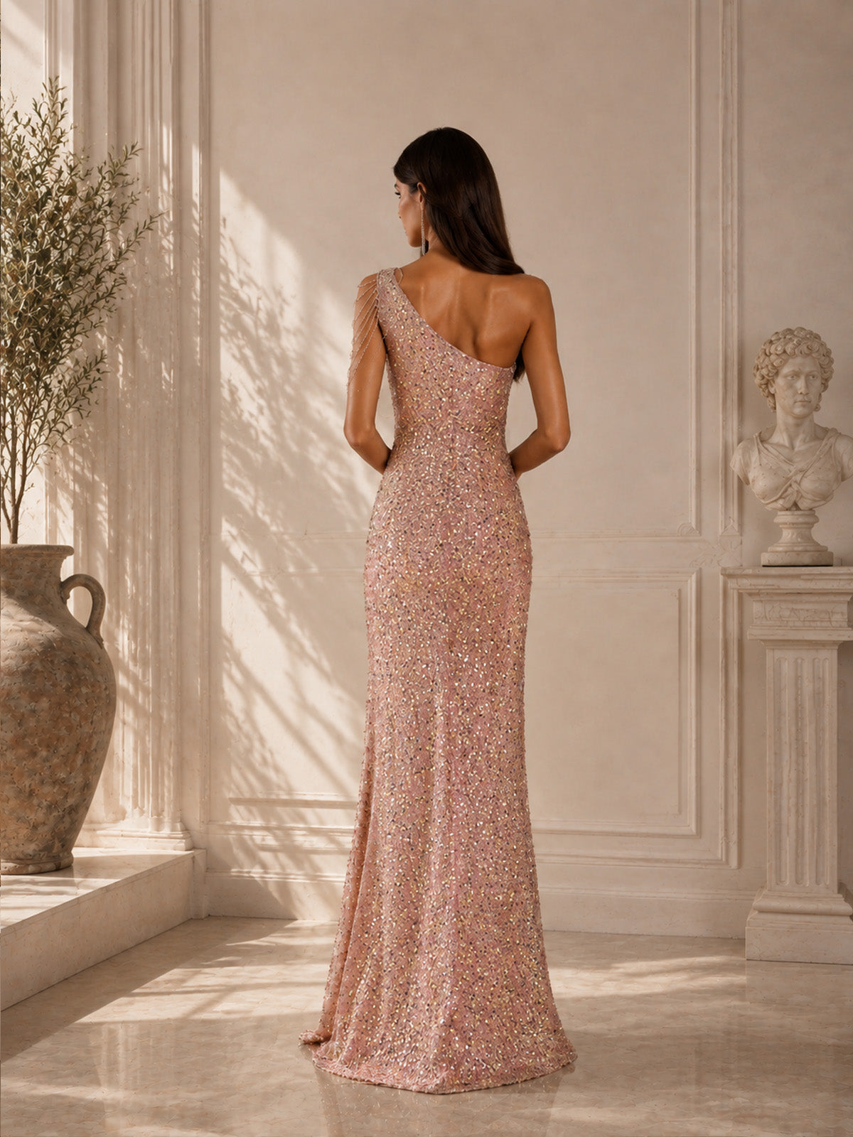 Women’s Glamorous Sequin Asymmetrical Neck Sleeveless Slim Maxi Dress with Beaded Shoulder Chain Detail, Cutout and High Slit