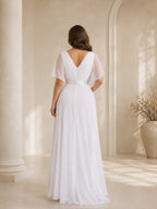 Women’s White Graceful Chiffon V Neck Flutter Short Sleeve A-Line Maxi Dress with Pleated Bodice Detail