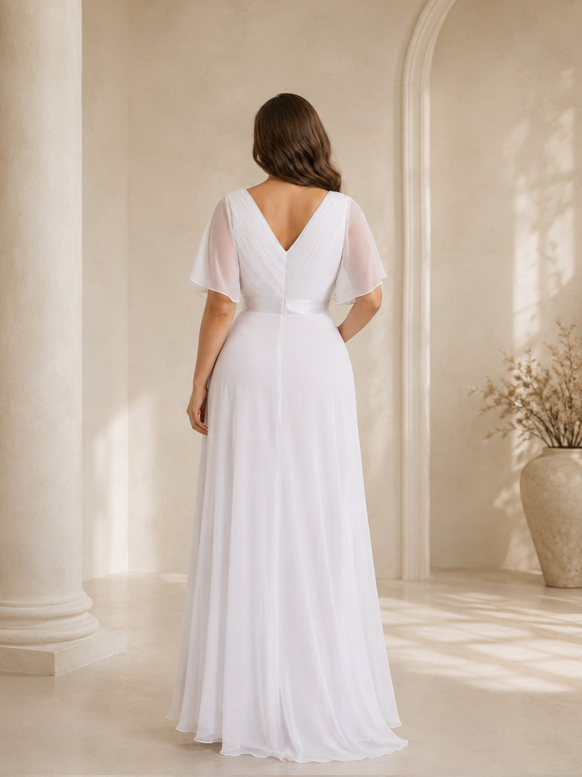 Women’s White Graceful Chiffon V Neck Flutter Short Sleeve A-Line Maxi Dress with Pleated Bodice Detail