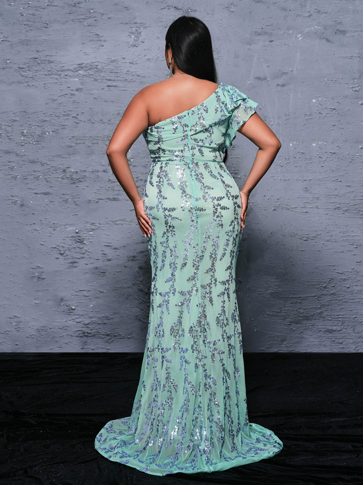 Women’s Mint Green Elegant Sequin Mesh One Shoulder Cap Sleeve Mermaid Maxi Dress with Ruffle Detail