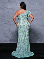 Women’s Mint Green Elegant Sequin Mesh One Shoulder Cap Sleeve Mermaid Maxi Dress with Ruffle Detail