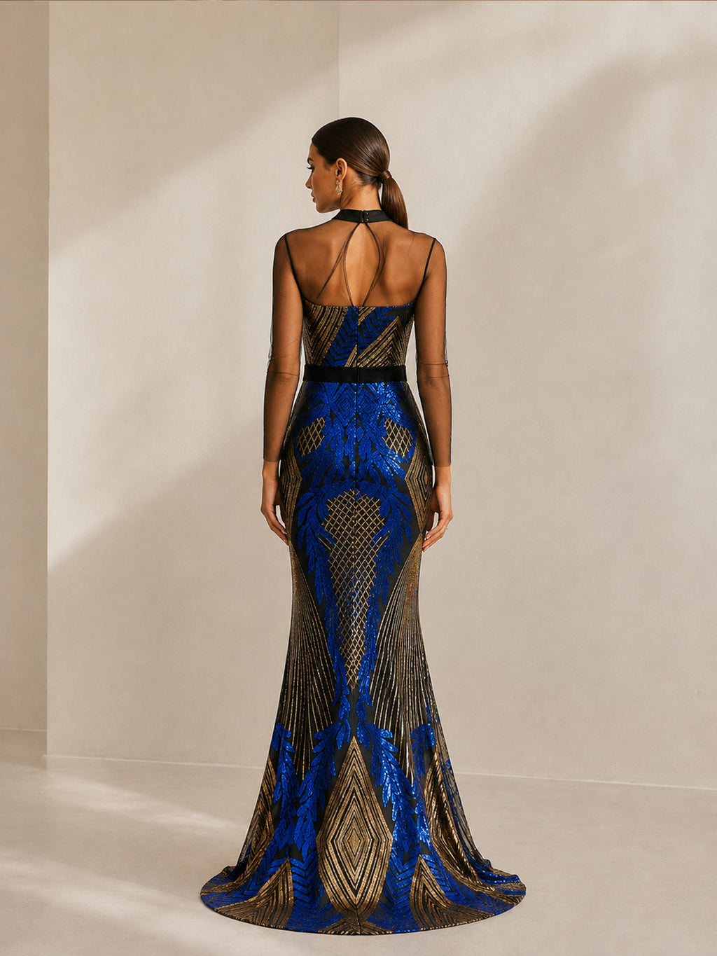 Women’s Blue Luxe Sequin Mesh High Neck Long Sleeve Mermaid Maxi Dress