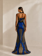 Women’s Blue Luxe Sequin Mesh High Neck Long Sleeve Mermaid Maxi Dress