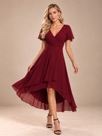 Women’s Emerald Green Elegant Chiffon V-Neck Flutter Sleeve High-Low A-Line Midi Dress with Wrap Detail