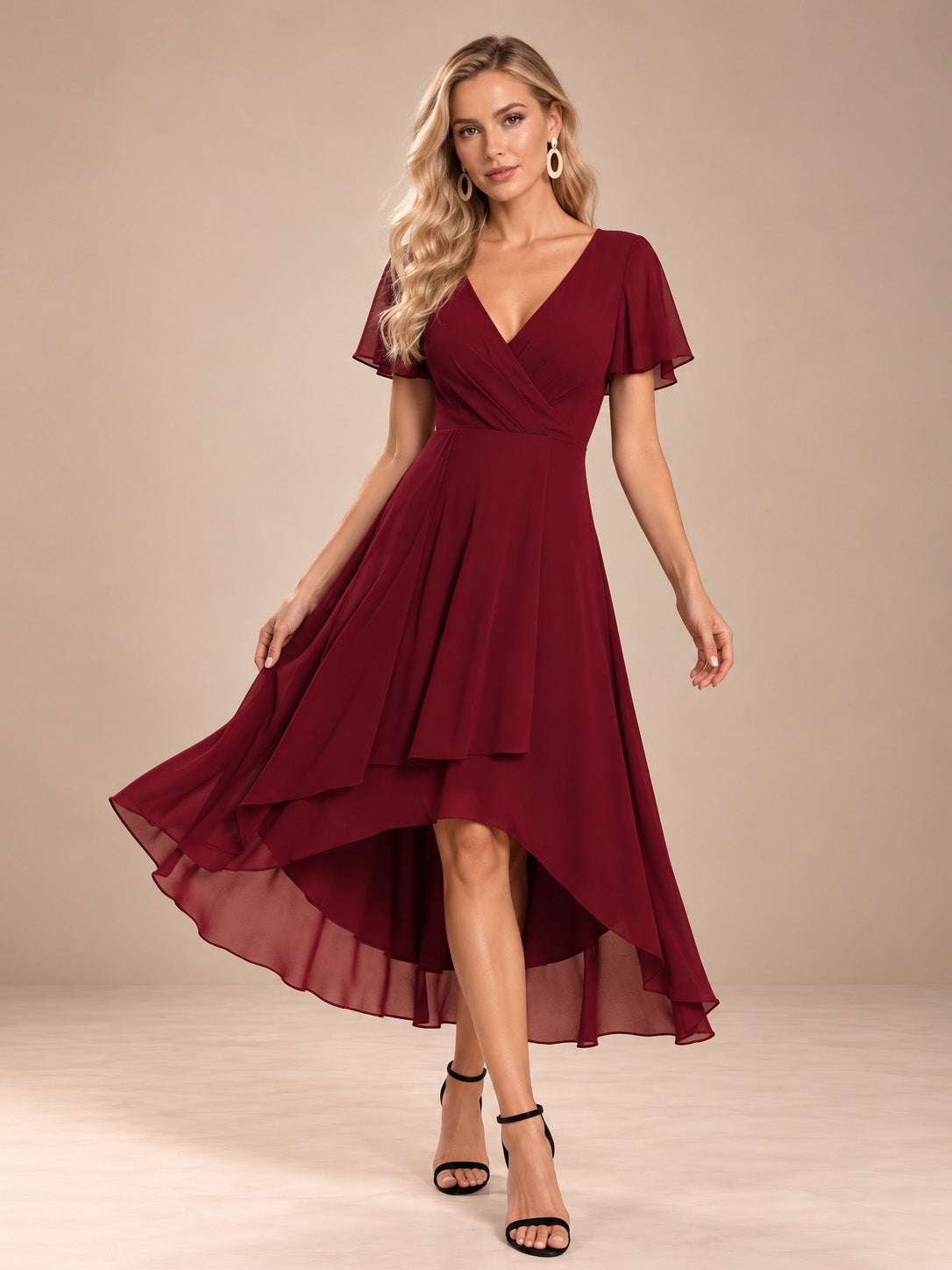 Women’s Emerald Green Elegant Chiffon V-Neck Flutter Sleeve High-Low A-Line Midi Dress with Wrap Detail