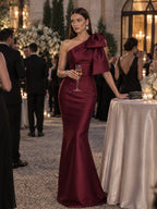 Women’s Burgundy Elegant Satin One Shoulder Sleeveless Mermaid Maxi Dress with Oversized Bow Detail
