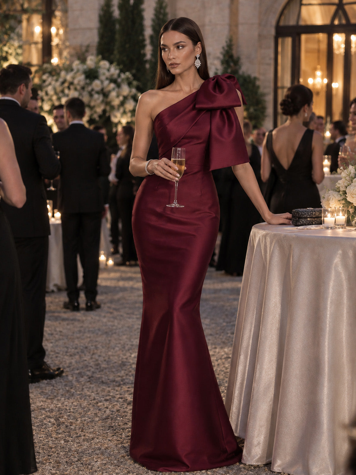 Women’s Burgundy Elegant Satin One Shoulder Sleeveless Mermaid Maxi Dress with Oversized Bow Detail