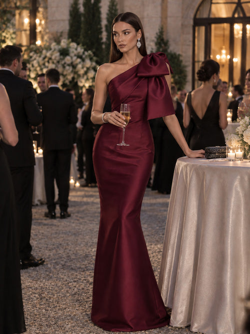 Women’s Burgundy Elegant Satin One Shoulder Sleeveless Mermaid Maxi Dress with Oversized Bow Detail
