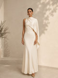 Women’s Glamorous Satin One-Shoulder Sleeveless Slim Mermaid Maxi Dress with Draped Train Detail