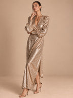 Women’s Champagne Gold Glamorous Sequin V-Neck Long Balloon Sleeve Shift Maxi Dress with Asymmetric Hem Detail