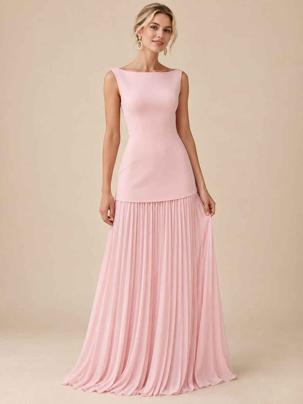 Women’s Ivory Elegant Boat Neck Sleeveless Pleated Maxi Dress with Drop Waist Detail