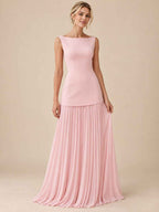 Women’s Ivory Elegant Boat Neck Sleeveless Pleated Maxi Dress with Drop Waist Detail