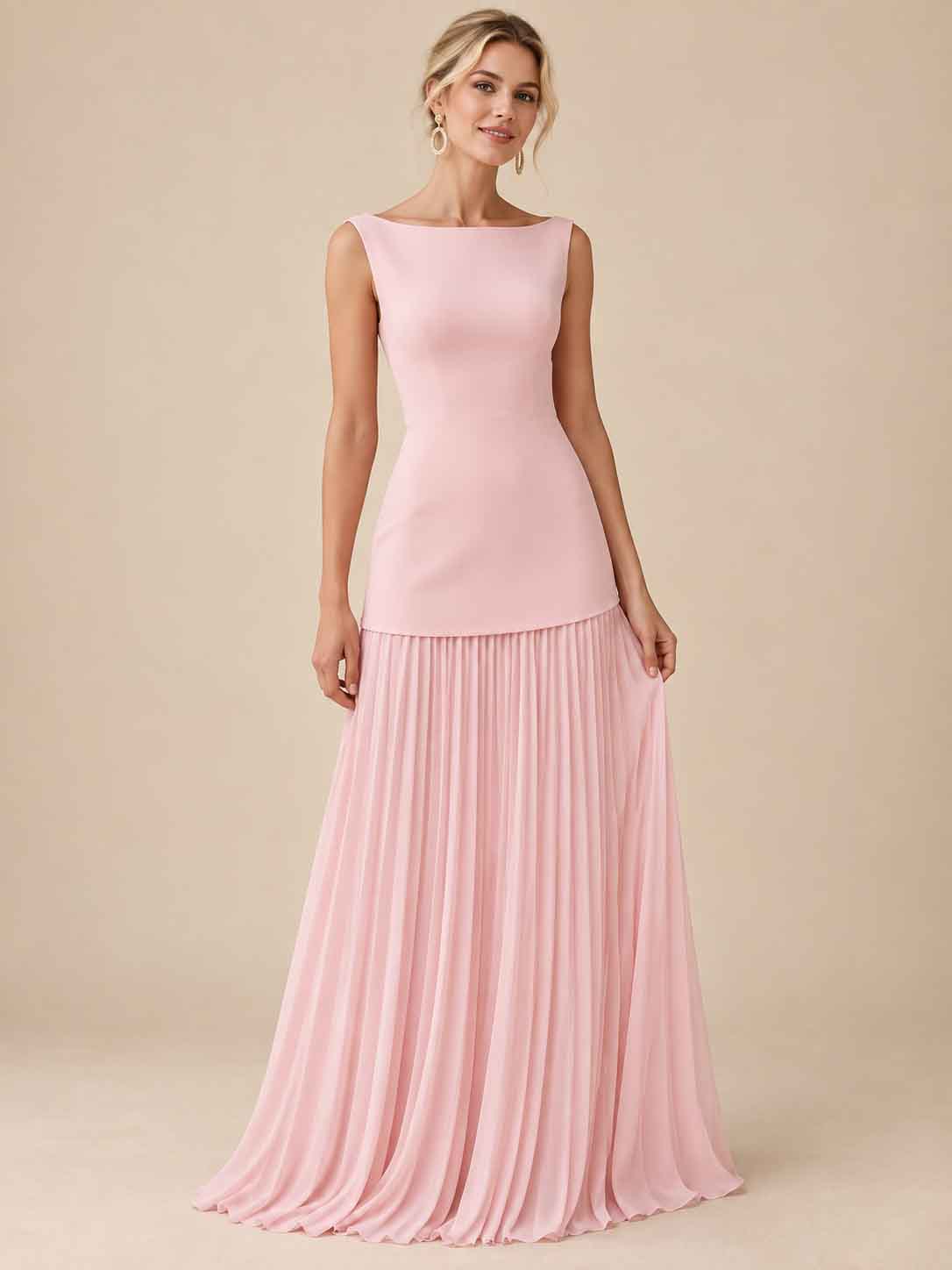 Women’s Ivory Elegant Boat Neck Sleeveless Pleated Maxi Dress with Drop Waist Detail