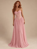 Women’s Blush Pink Elegant Chiffon Sweetheart Neck Spaghetti Strap A-Line Maxi Dress with Lace Corset Detail