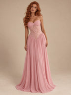 Women’s Blush Pink Elegant Chiffon Sweetheart Neck Spaghetti Strap A-Line Maxi Dress with Lace Corset Detail