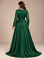 Women’s Emerald Green Elegant Sequin V-Neck Long Sleeve Pleated A-Line Maxi Dress with Embellished Waist Detail