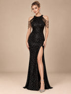 Women’s Burgundy Glamorous Sequin Halter Neck Sleeveless High Slit Mermaid Maxi Dress with Beaded Fringe