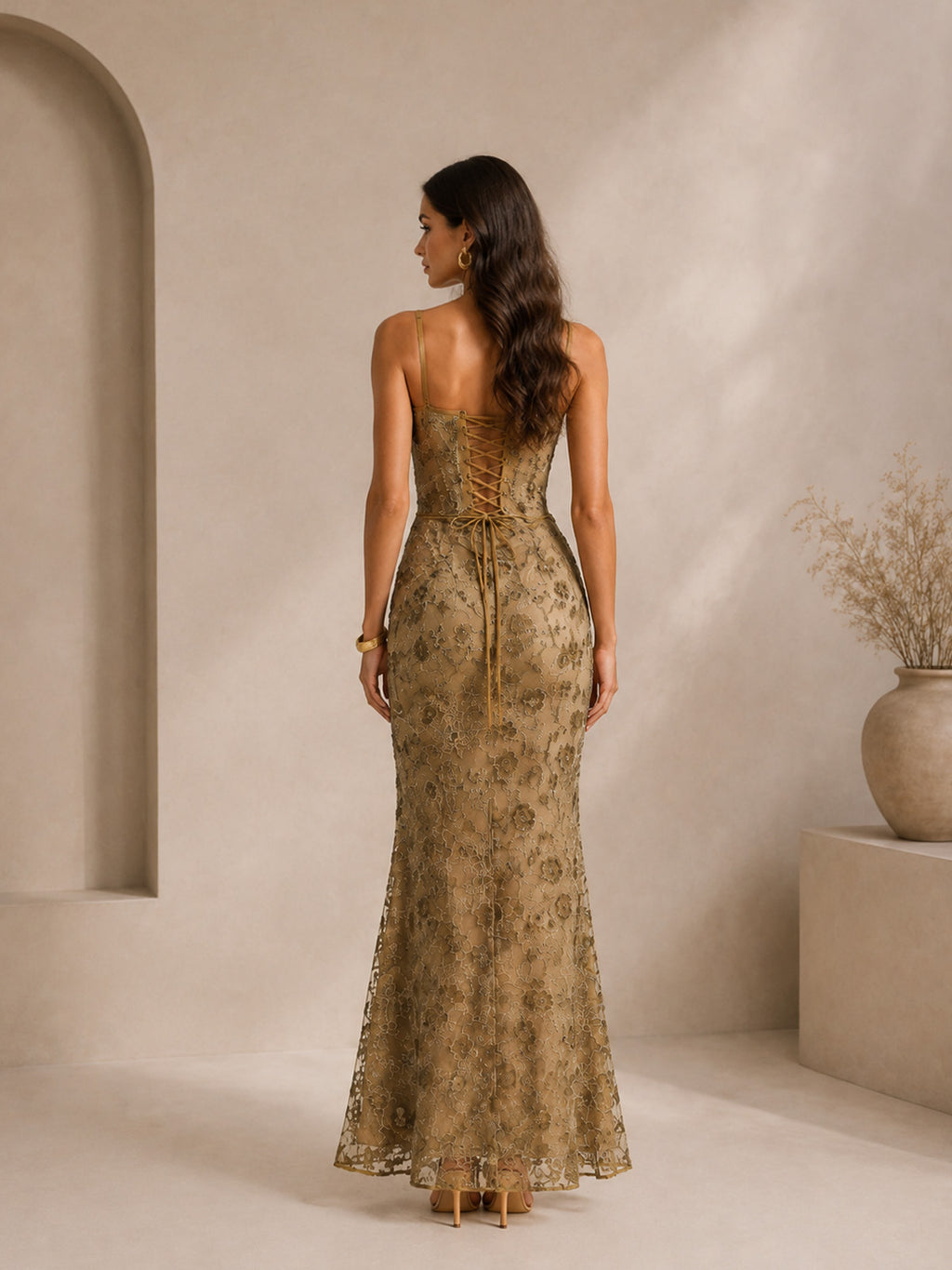 Women’s Taupe Luxe Embroidered Mesh Spaghetti Strap Mermaid Maxi Dress