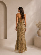 Women’s Taupe Luxe Embroidered Mesh Spaghetti Strap Mermaid Maxi Dress