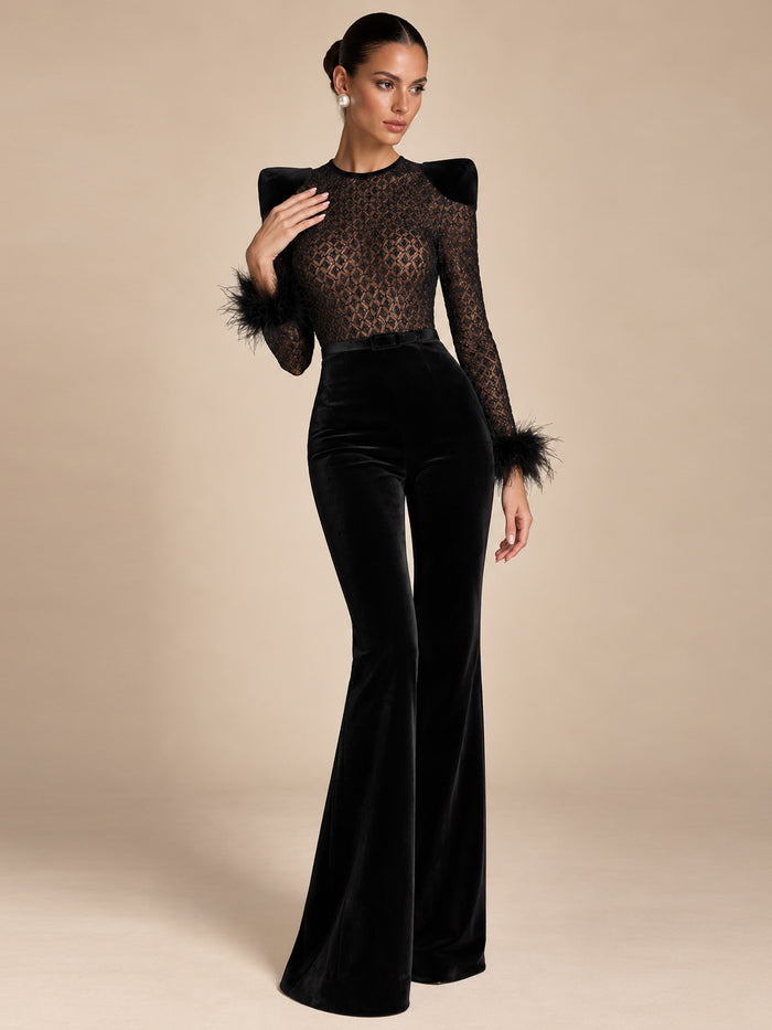 Women's Elegant Black Sheer Mesh Feather Trim Long Sleeve Top and Velvet Flared Pants Two-Piece Set