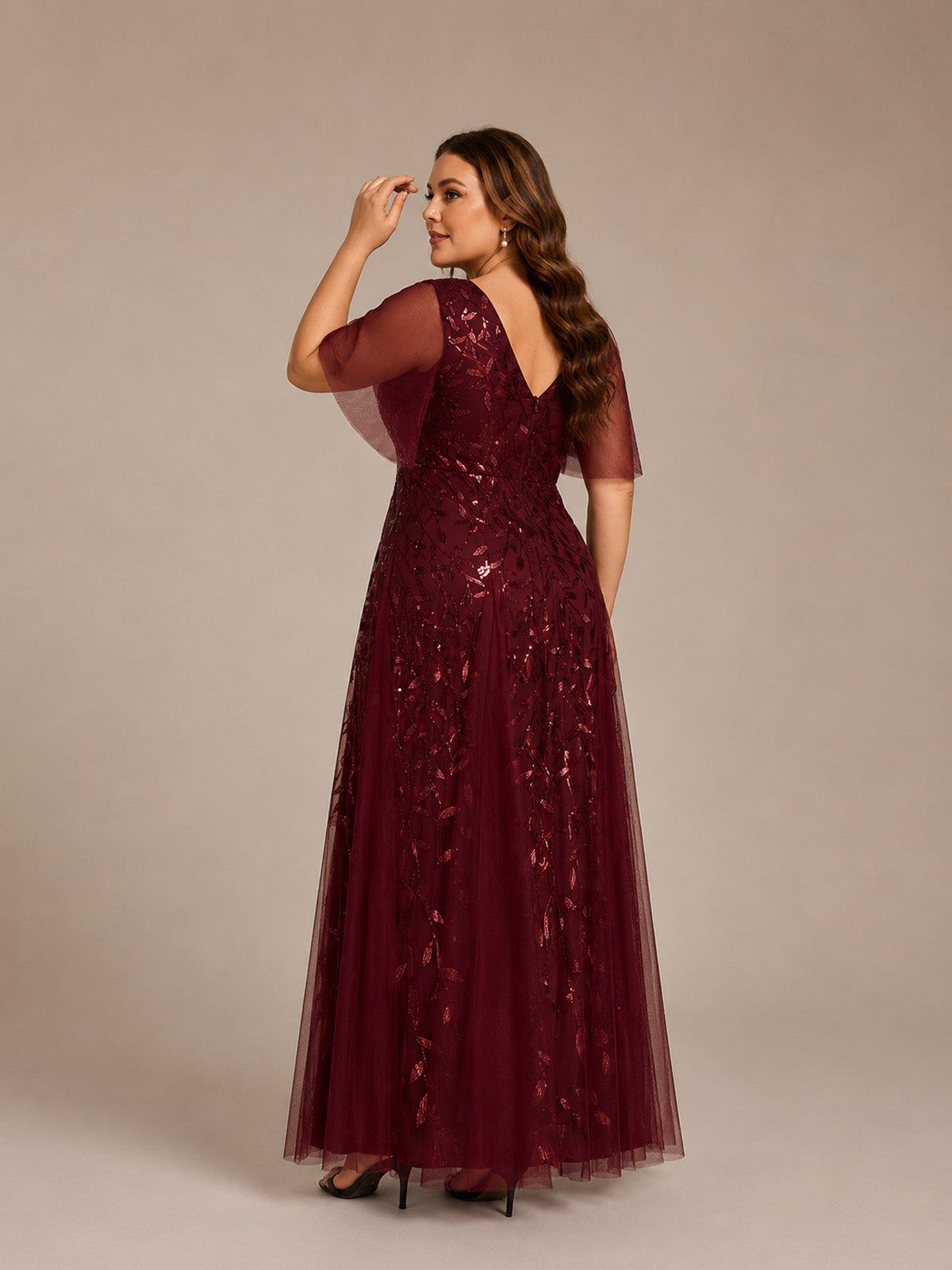 Women’s Burgundy Glamorous Sequin Mesh V Neck Flutter Short Sleeve A-Line Maxi Dress with Embellished Detail