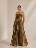 Women’s Gold Elegant Metallic Pleated Halter Neck Sleeveless A-Line Maxi Dress