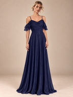 Women’s Navy Blue Elegant Cowl Neck Cold Shoulder Short Ruffle Sleeve A-Line Maxi Dress with Ruched Detail