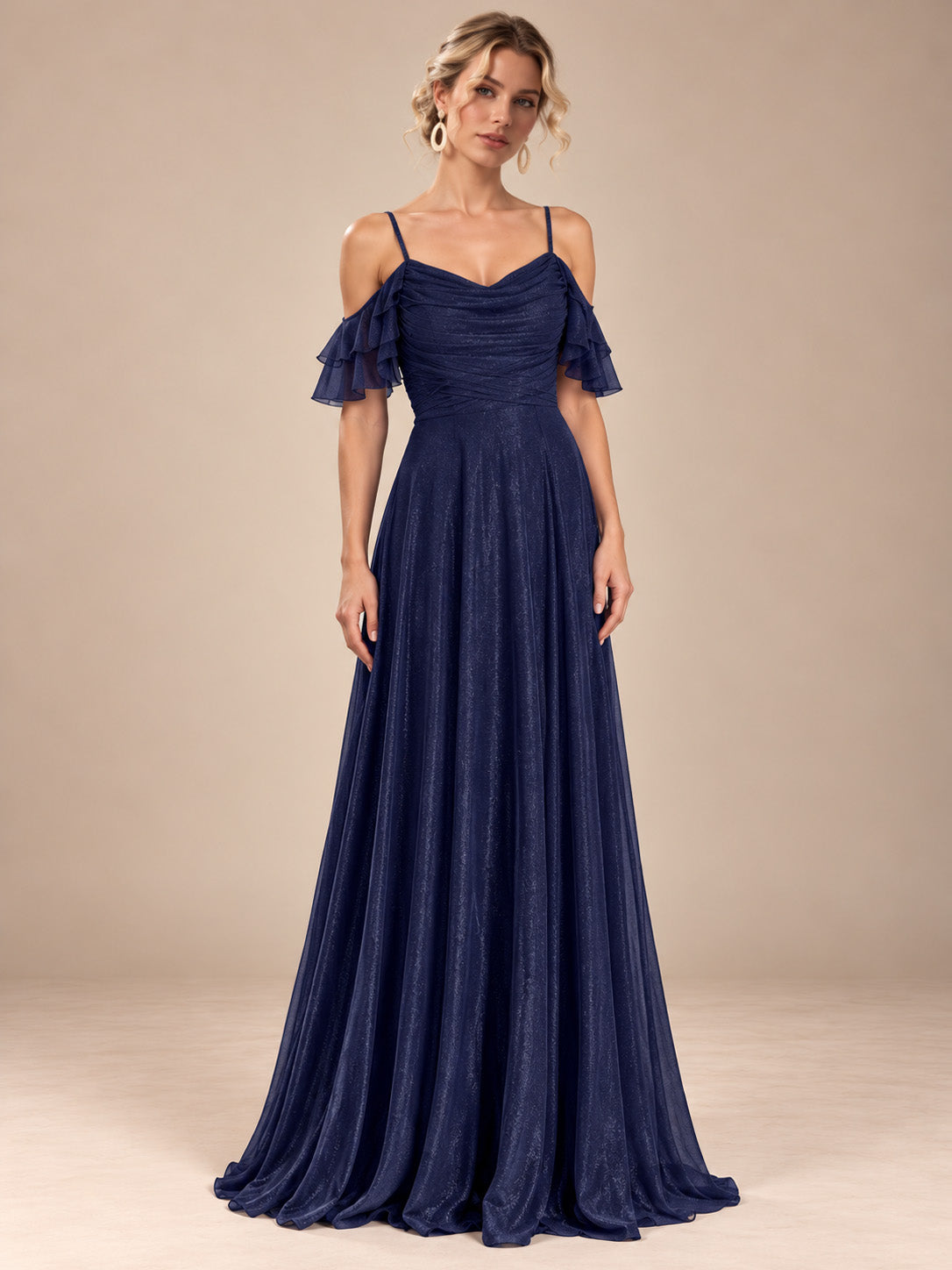 Women’s Navy Blue Elegant Cowl Neck Cold Shoulder Short Ruffle Sleeve A-Line Maxi Dress with Ruched Detail