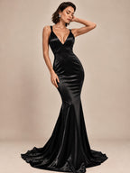 Women’s Red Elegant Satin V-Neck Spaghetti Strap Mermaid Maxi Dress with Ruched Waist