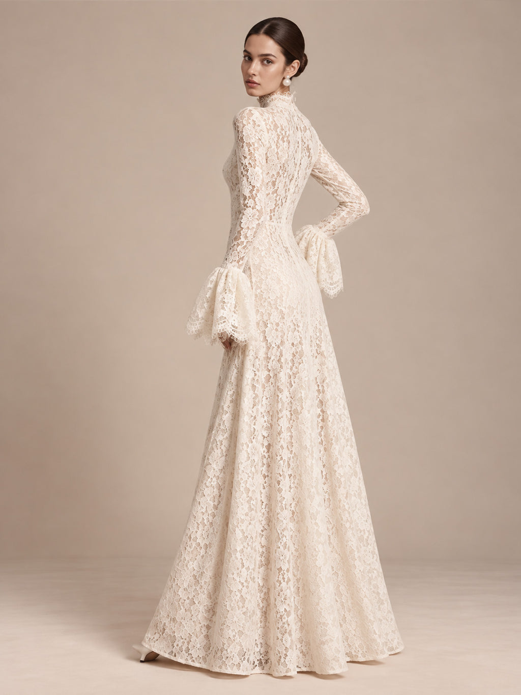 Women’s Ivory Elegant Floral Lace High Neck Long Bell Sleeve A-Line Maxi Dress with Ruffle Cuff Detail