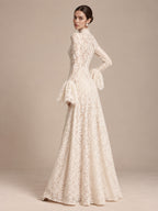 Women’s Ivory Elegant Floral Lace High Neck Long Bell Sleeve A-Line Maxi Dress with Ruffle Cuff Detail