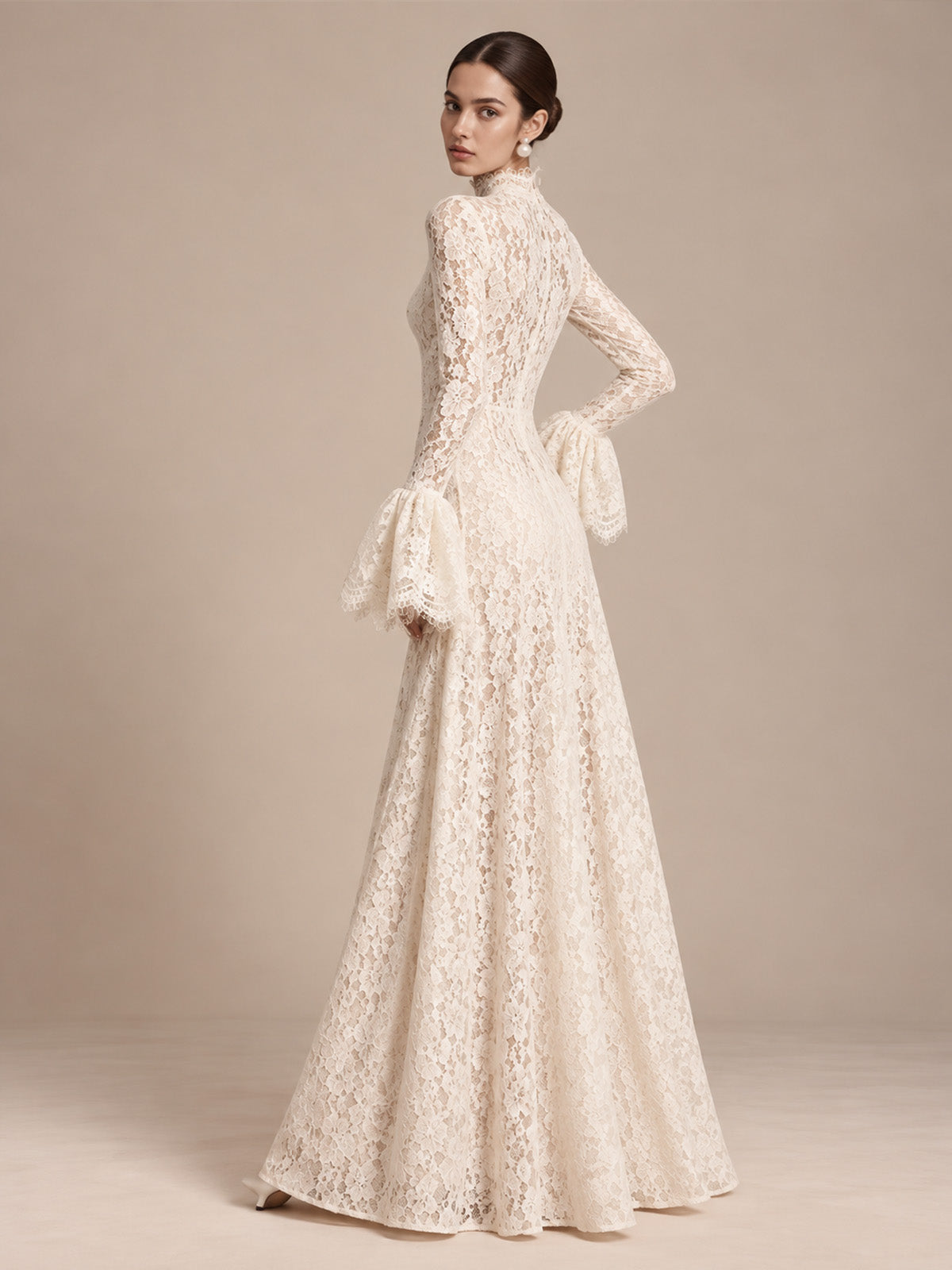 Women’s Ivory Elegant Floral Lace High Neck Long Bell Sleeve A-Line Maxi Dress with Ruffle Cuff Detail
