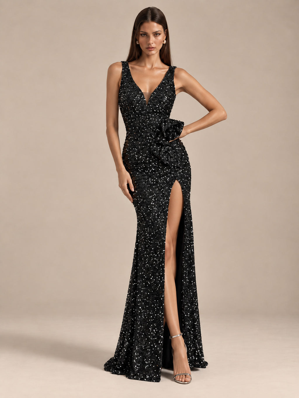 Women’s Black Elegant Sequin V-Neck Sleeveless High Slit Maxi Dress with Waist Bow Detail