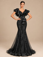 Women’s Olive Green Elegant Sequin V-Neck Short Ruffle Sleeve Mermaid Maxi Dress with Cascading Ruffle Detail
