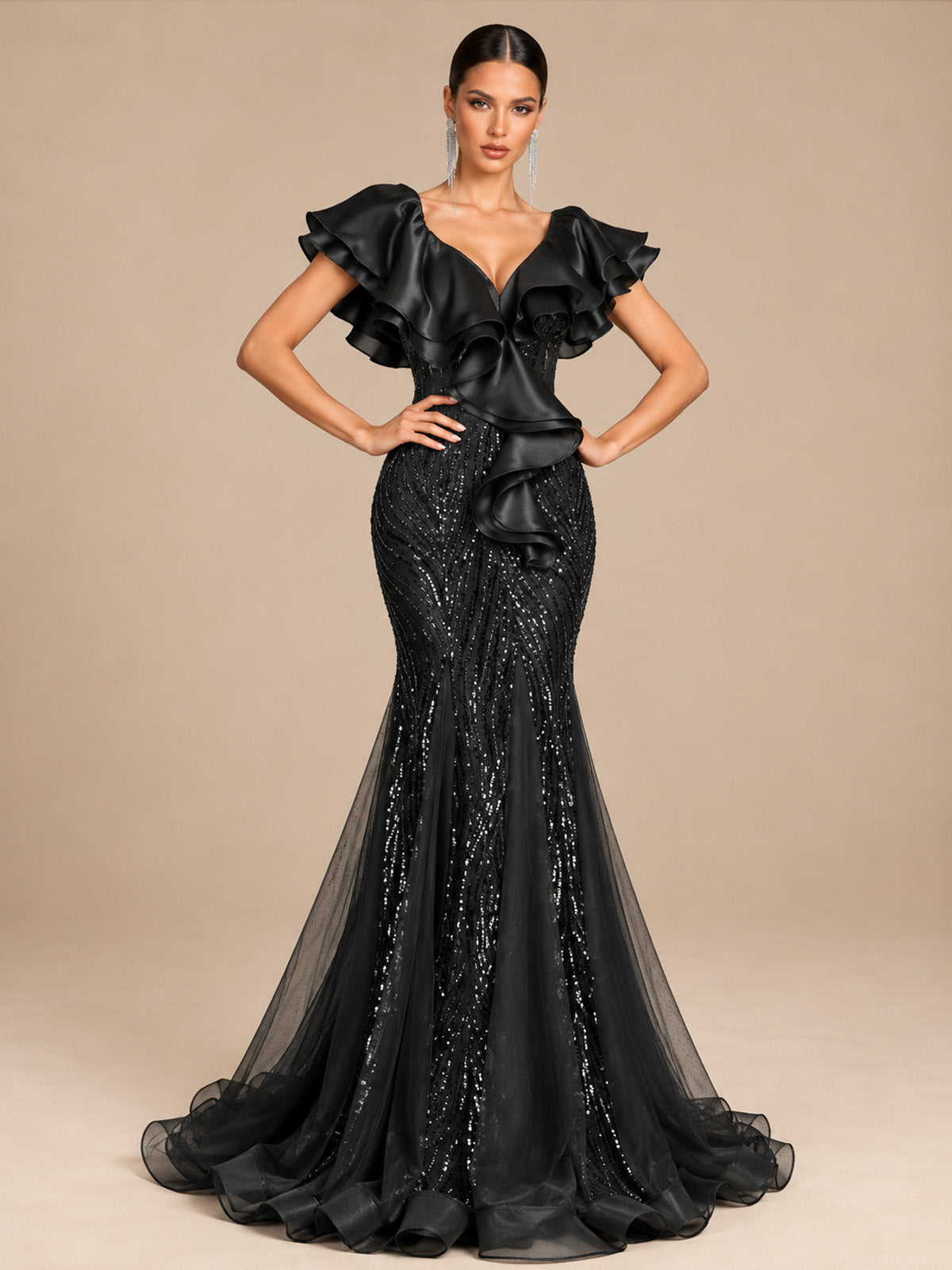 Women’s Olive Green Elegant Sequin V-Neck Short Ruffle Sleeve Mermaid Maxi Dress with Cascading Ruffle Detail